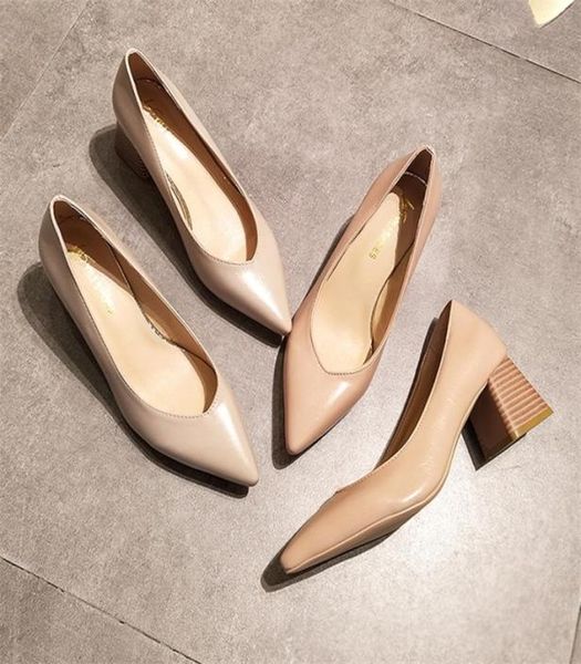

women shoes chunky block heel pumps pointed closed toe office dress lady med leather classic shoes2547236, Black