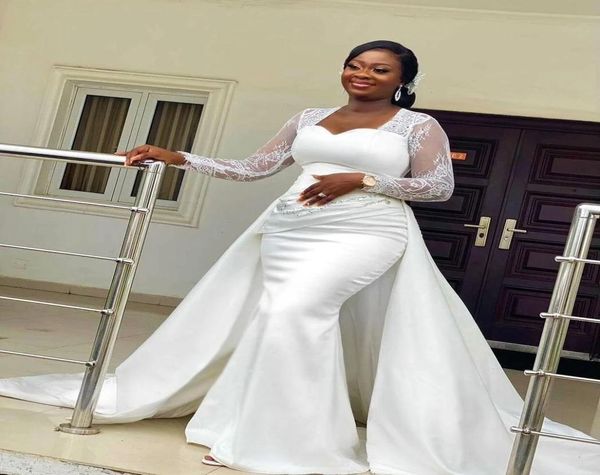 

2022 lace long sleeve mermaid wedding dresses african plus size aso ebi sweetheart stain bridal gowns vestidos de novia3874843, White