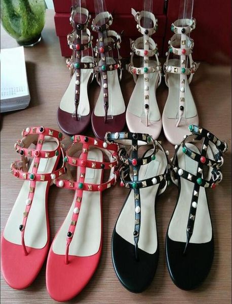 

zapatos mujer rivet beach thong sandal summer shoes woman stones studded flat gladiator sandals spiked flip flops plus size6296927, Black