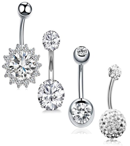 

4pcsset surgical steel navel piercings crystal piercings belly button rings navelearring bar woman body piercings jewelry8287503, Silver