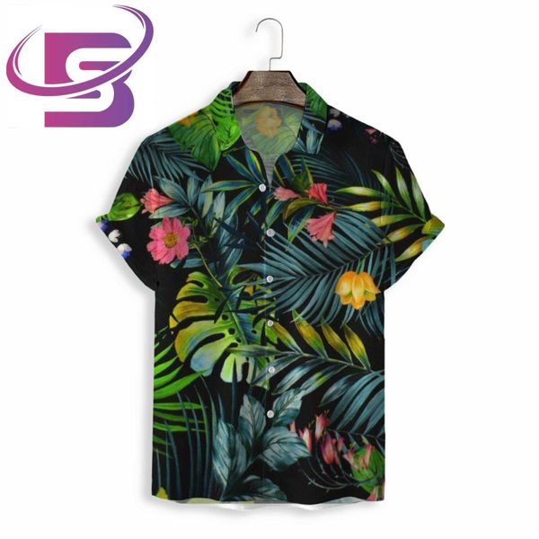 

casual summer trend wear custom pattern digital print button up short sleeve men's beach aloha hawaiian shirt poj, White;black
