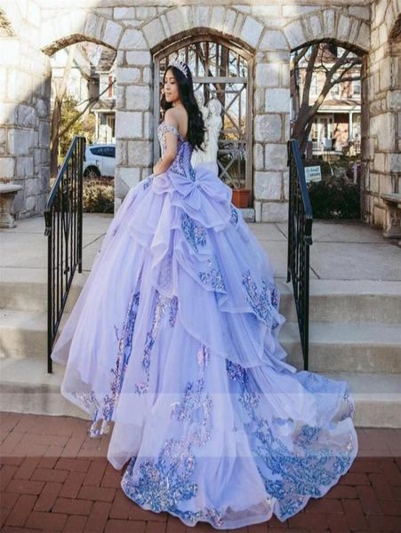 

princess lilac quinceanera dresses off the shoulder appliques sequins bow long train sweet 16 dress ball gown brithday prom party 6959488, Blue;red