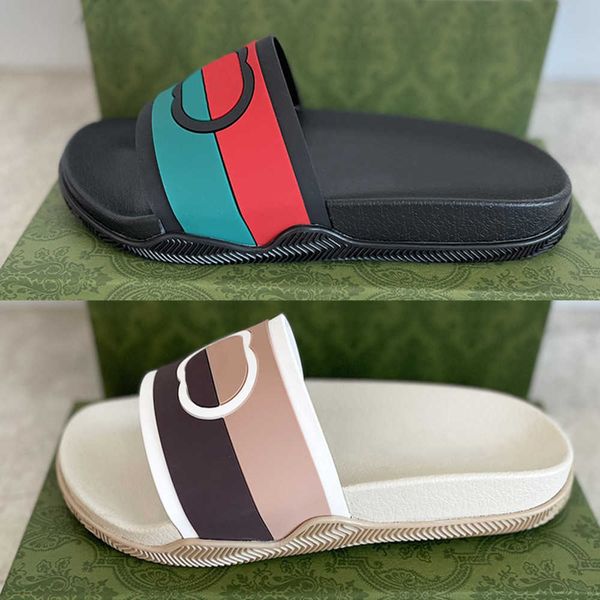 

luxury designers slipper women sandals men slides waterfront rubber sandal gear bottoms flat beach flip flop striped 35-46 no440, Black