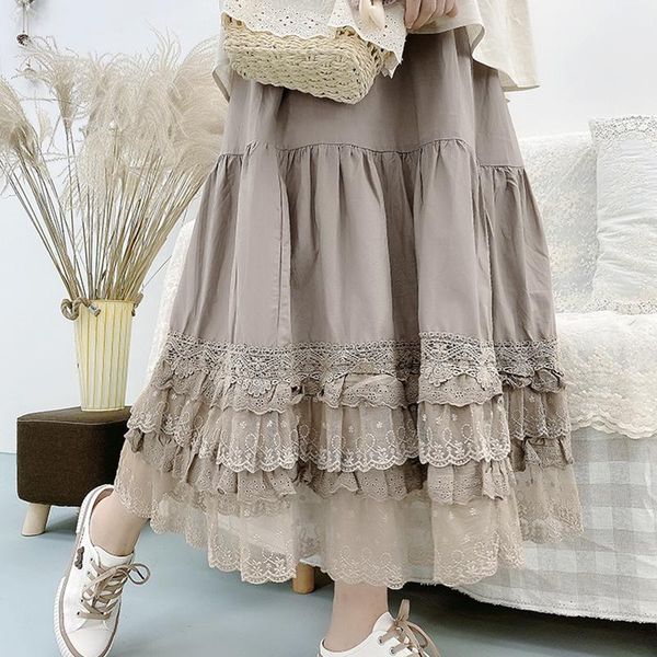 

dresses mori girl pure cotton multilayer lace skirt woman summer elastic waist casual cottage skirt lolita petticoat y2k midi skirts, Black;gray