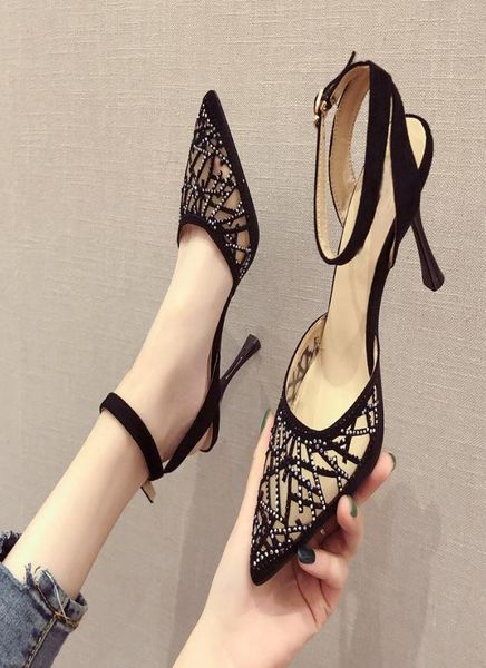 

close toes high heeled sandals woman fashion summer heels women rhinestone mesh shoes ankle buckle strap black8748360, Black
