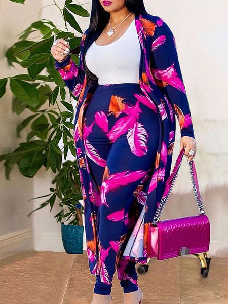 

pants lw plus size feather print pants set twopices full print long sleeve casual women's 2022 new autumn daily print pants suit, Black