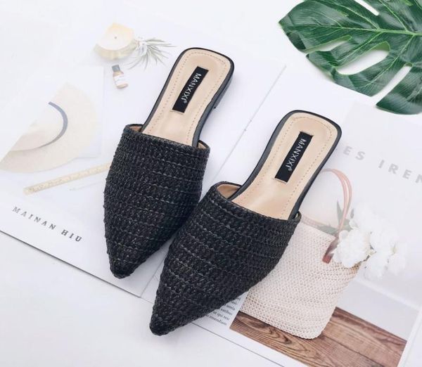 

slippers women039s summer solid toecovered slipper fashion pointed woven breathable lazy flat sandals women mule slides shoes8425874, Black