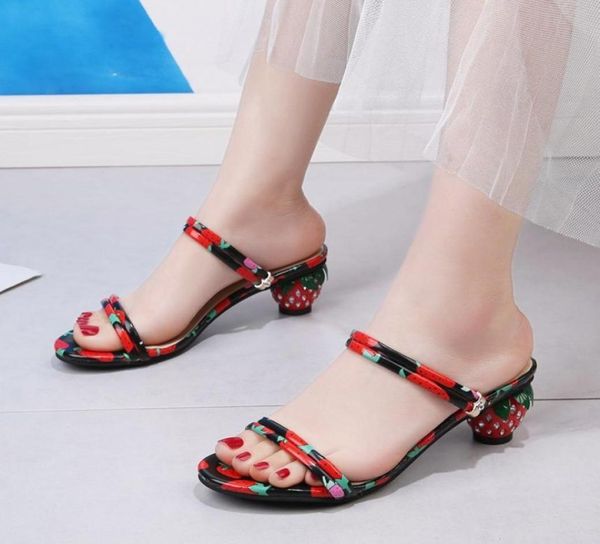 

rimocy fashion fruit print strawberry high heels sandals women summer open toe slip on leisure slippers woman beach slides 20206663518, Black