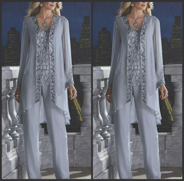 

new mother of the bride groom 3 piece pant suit silver chiffon beach wedding mothers dress long sleeves beads formal evening wear8428342, Black;red