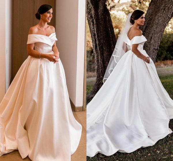 

ivory satin wedding dresses boho garden elegant off shoulder simple a line bridal gowns court train plus size modern reception party dress f, White