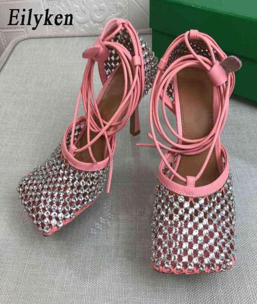 

eilyken size 3542 crystal green women fishnet pumps runway square toe ankle cross tied high heel rhinestone sandals shoes2851550, Black