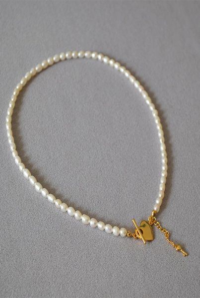 

seed pearl beeded necklaces 4mm natural pearls with gold heart closure4296048, Silver