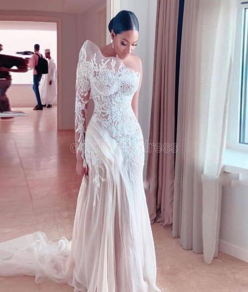 

2022 spring retro lace one shoulder mermaid wedding dresses saudi arabia illusion long sleeve tulle sweep train bridal gowns bc5642387499, White