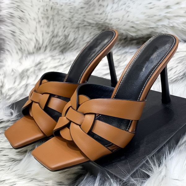 

2023 summer luxury designer new sandals slim heel open toe brown leather slim strap high heel slippers womens shoes fashion beach shoes size, Black