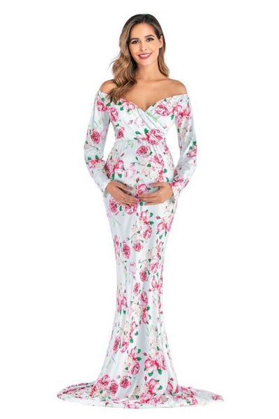

maternity dresses v-neck breastfeeding casual flower care pregnant women long sleeve dress g220602, White