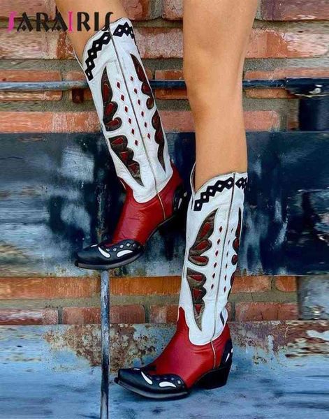 

boots sarairis ins ladies western boots slip on chunky heel platform cowgirl cowboy boots qiality luxury vintage winter shoes t2207774057, Black