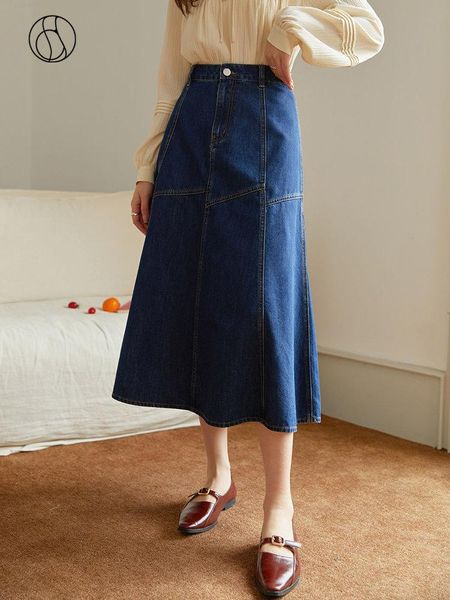 

dresses dushu dark blue women cotton elastic long skirts cut contrasting line design big hem umbrella skirt women spring denim skirts, Black;gray