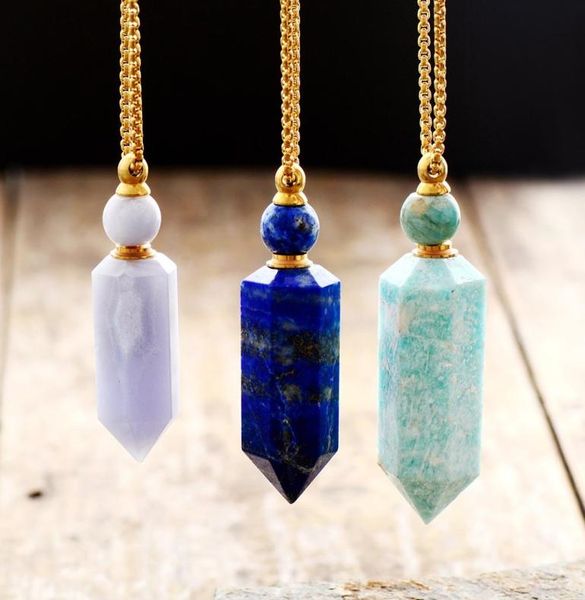 

natural gems stone essential oil diffuser perfume bottle pendant necklace stainless steel jewelry drop 2009282974969, Silver