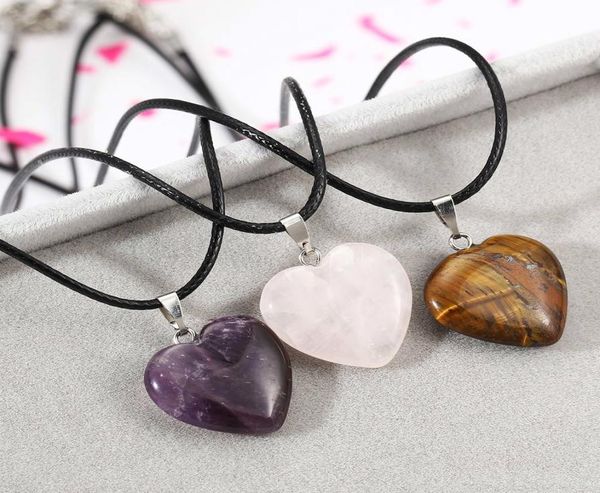 

heart shaped healing chakra beads purple rose quartz turquoise amber pendant choker necklace couples pendant necklace pu rope chai7622527, Silver