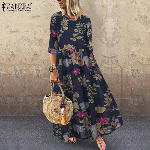 

dresses 2023 zanzea vintage printed maxi dress women's sundress autumn half sleeve tunic vestido female casual floral robe, Black;gray