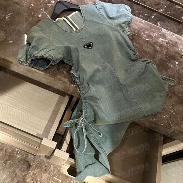 

plus size dresses designer metal badge denim for women design waist hollow drawstring casual skirts cool girls street style jean dress, Black