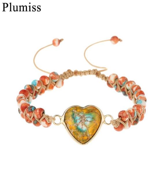 

natural stone heart charm wrap bracelet imperial jaspers meditation spiritual protection handmade braided jewelry gift tennis6998066, Golden;silver