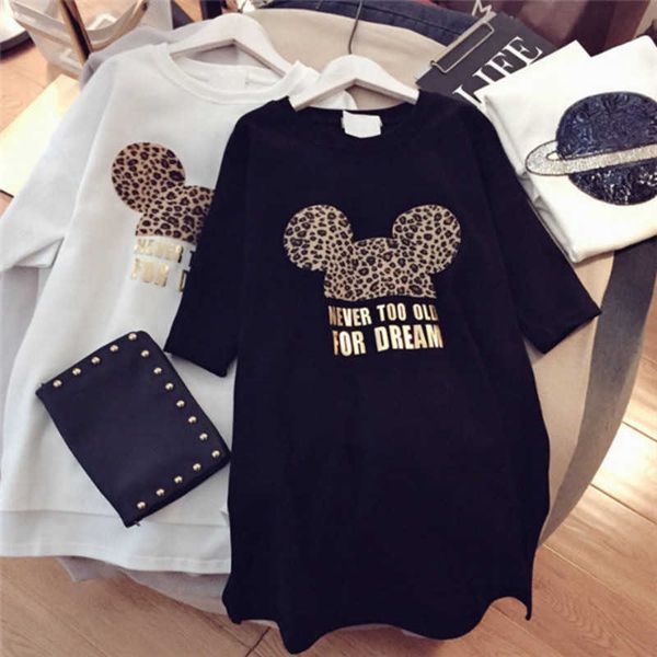 

women designer long t shirts brand dresses with animal lovely mouse fashion summer dress for women short sleeve long tee, White