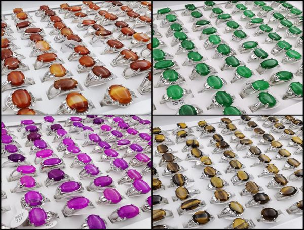 

whole 20pcslot new fashion agate ring silver plated oval shape finger ring for party gift mixed style luxury charm jewelry4374473