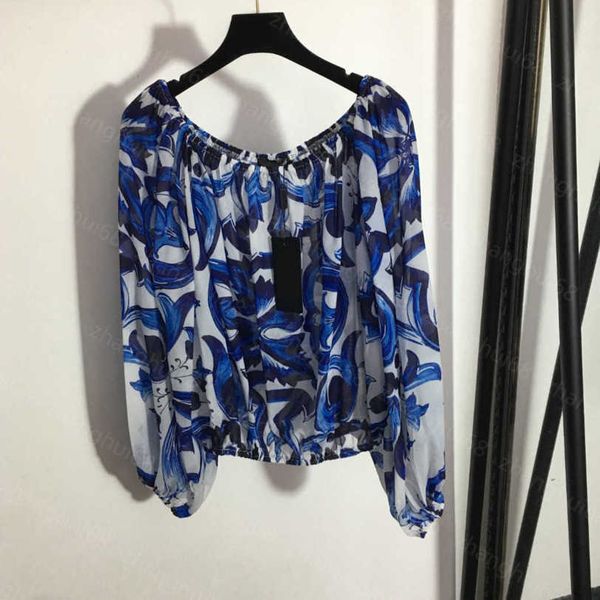 

23ss womens designer clothing high neck blouse women shirt blue and white porcelain printed one-line collar lantern long-sleeved blouse wome