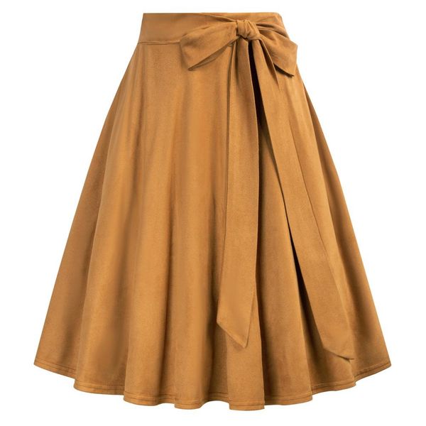 

dresses belle poque women vintage faux suede skirt knee length belt decorated high waist swing pockets skirt skater flared midi skirt a3, Black;gray