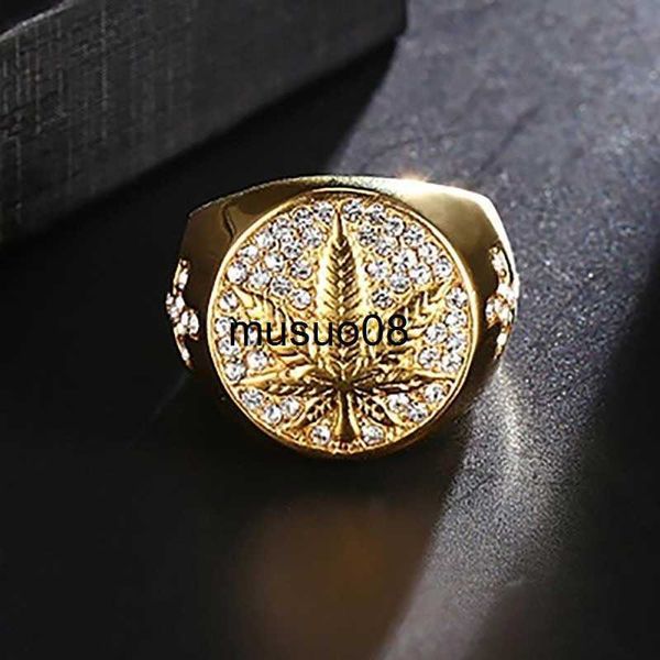 

band rings business men's gold colors carved golden maple leaf rings for men punk inlaid with white zircon wedding party jewelry j23060, Silver