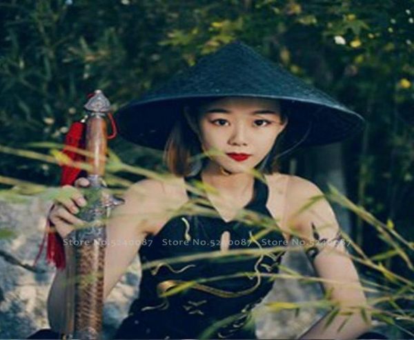 

outdoor hats traditional chinese style bamboo weave hat shaolin japanese samurai cosplay oriental headwear prop shade straw caps4451234, Black;white