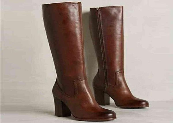 

women boots woman round toe square heels high tube brown for pu leather side zipper comfortable booties concise winter shoes 07097023886, Black