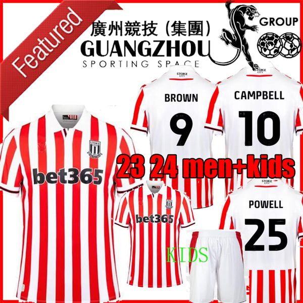 

23 24 stoke city mikel campbell soccer jerseys smith fletcher powell brown clucas home kits 2023 2024 baker men kids kit football shirts uni, Black;yellow