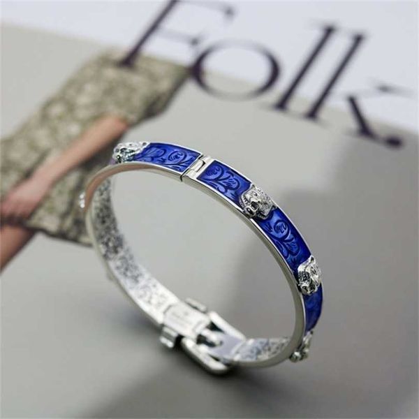 

new 2023 designer jewelry bracelet necklace ring qi personality blue enamel head interlocking belt couple bracelet, Silver