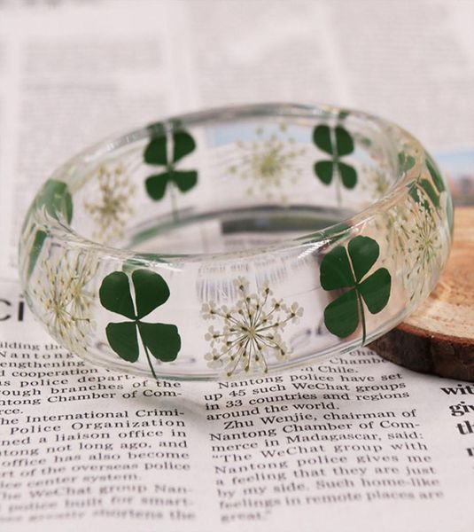

ladies new green plant fourleaf clover bracelet lace resin dried flower bracelets polished craft jewelry natural gift bracelet2268113, Golden;silver