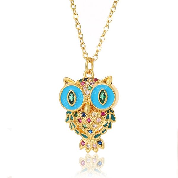 

cute 18k gold plated owl pendant necklaces with rainbow zircon colorcul drop oil women necklace jewelry gifts, Silver