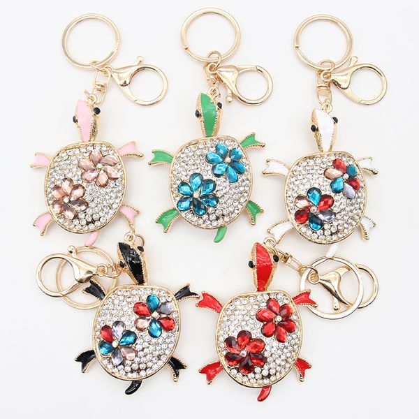 

10 pcs/lot lovely turtle rhinestone keychain sparkling tortoise key ring charm purse pendant handbag for women decoration gift, Slivery;golden