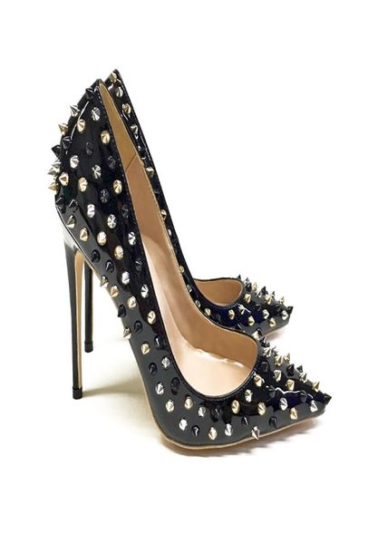

spring autumn fashion women shoes black patent leather high heel pumps with color matching rivets spike ladies pointed thin heels 7368207