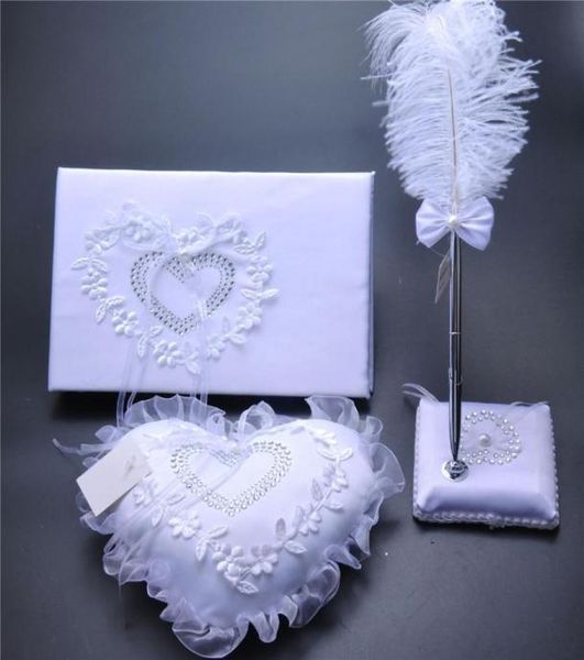 

3pc set burlap hessian lace crystal wedding guest book pen set ring pillow garter decoration love heart bridal ring pillows weddin3729697