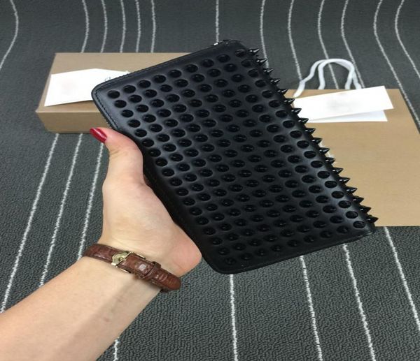 

women men wallet panelled spiked clutch bags patent real leather rivets bag clutches long branded purses with spikes wallets box7808938, Red;black