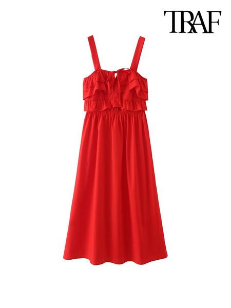 

dresses traf women fashion with tied ruffled midi dress vintage backless zipper straps female dresses vestidos mujer, Black;gray