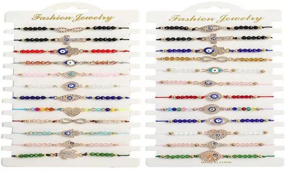

12pcsset blue evil eye bracelets for women crystal tree hand cross heart turtle charm beads rope string chain adjustable bangle f7457418, Golden;silver