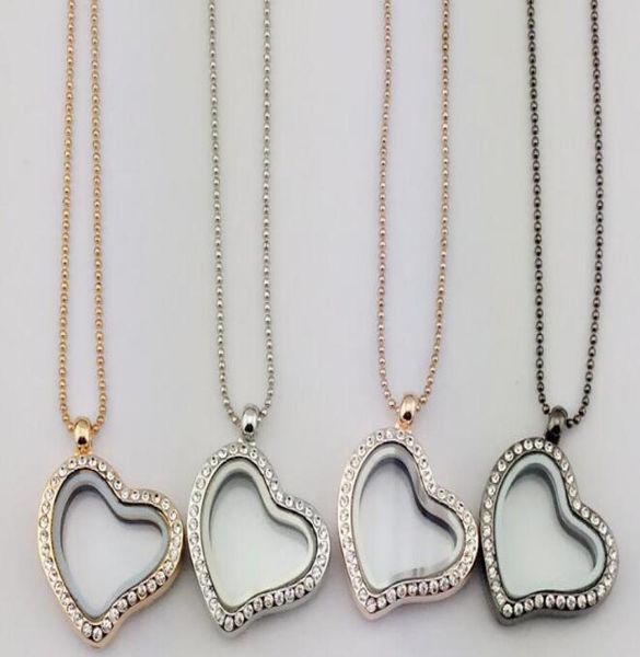 

glass floating charm pendant necklace locket charm silver heart diamond necklace alloy rhinestone jewelry for valentine gift chris7718679