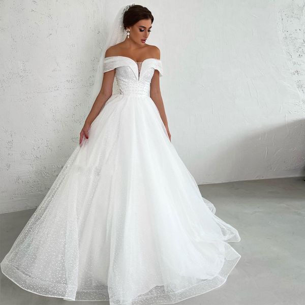 

sparking off the shoulder a line bridal dresses pearls ruched country wedding gowns glitter dot rode de morrie, White