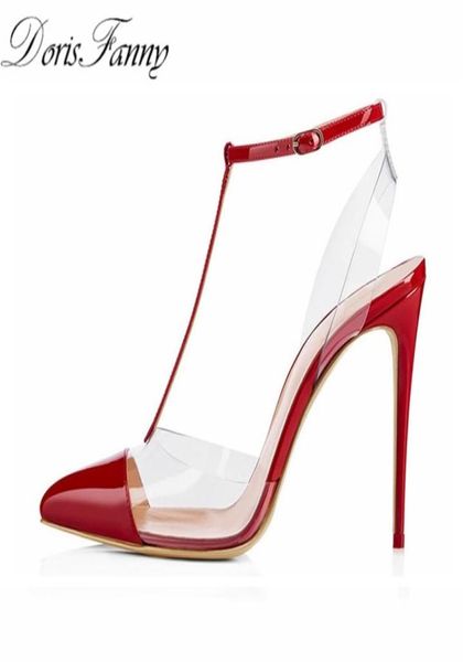 

dorisfanny slingback heels pumps red white pointed toe t strap clear high heels transparent heels women summer shoes lj2011122022515, Black