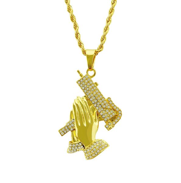 

hip hop iced out bling full rhinestone praying hands men pendants necklaces gold color big prayer jesus necklace jewelry6751031, Silver