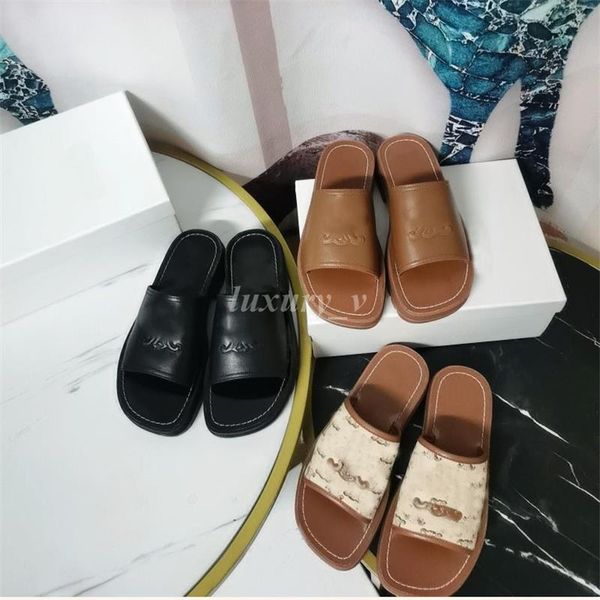 

designer triumphal arch slippers women beach leather sandals summer solid color embossed flat heel round head slides, Black