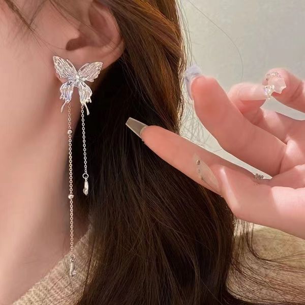 

silver needle liquid butterfly tassel elf stud earrings 2023 new trendy light luxury super fairy p earrings, Golden