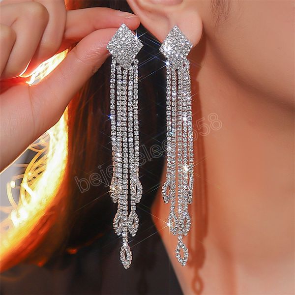 

trendy metal rhinestone geometric tassels dangle earrings bridal wedding creative jewelry women's elegant accessories, Silver